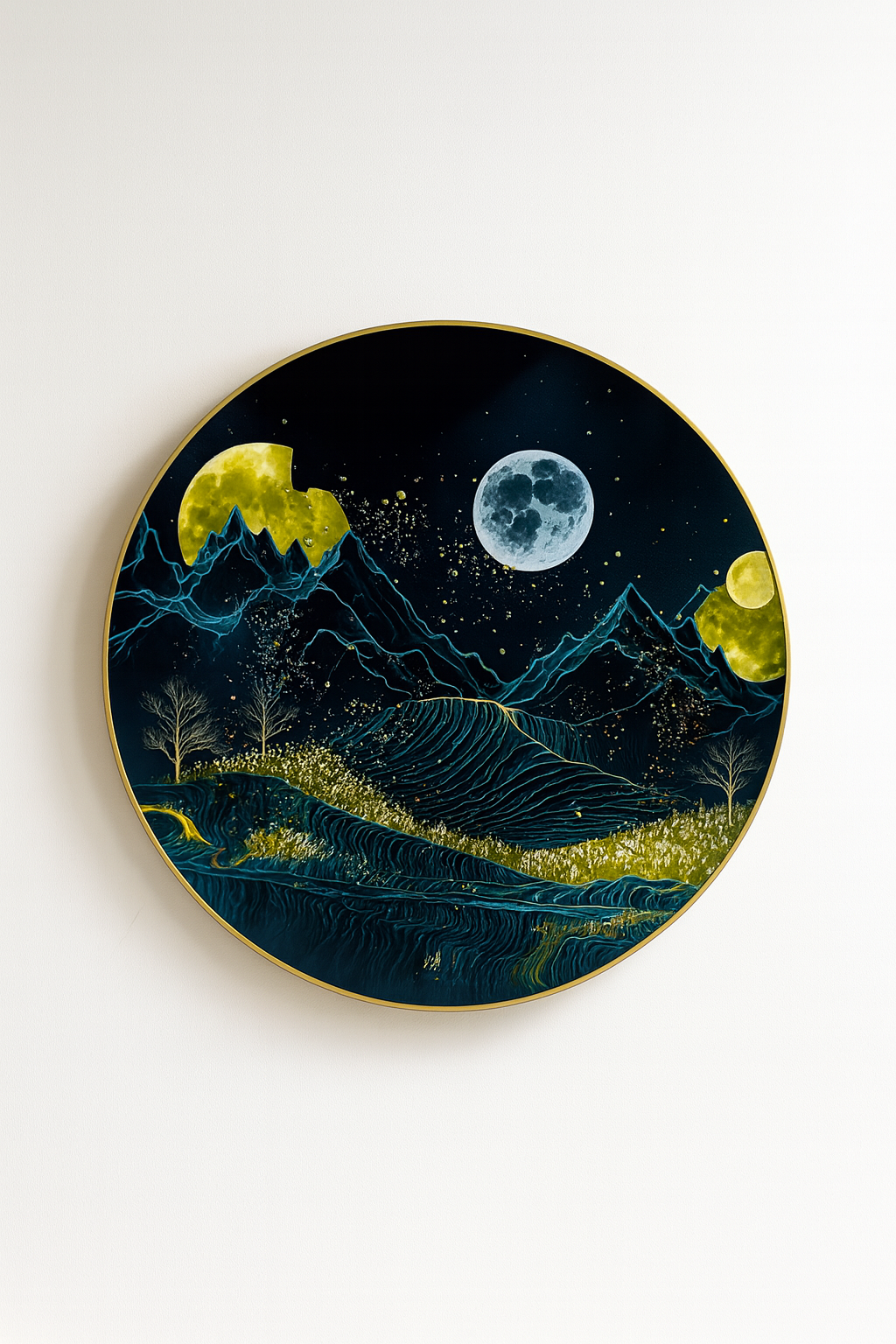 Abstract Multi-Moon Celestial Mountain scape Round Art