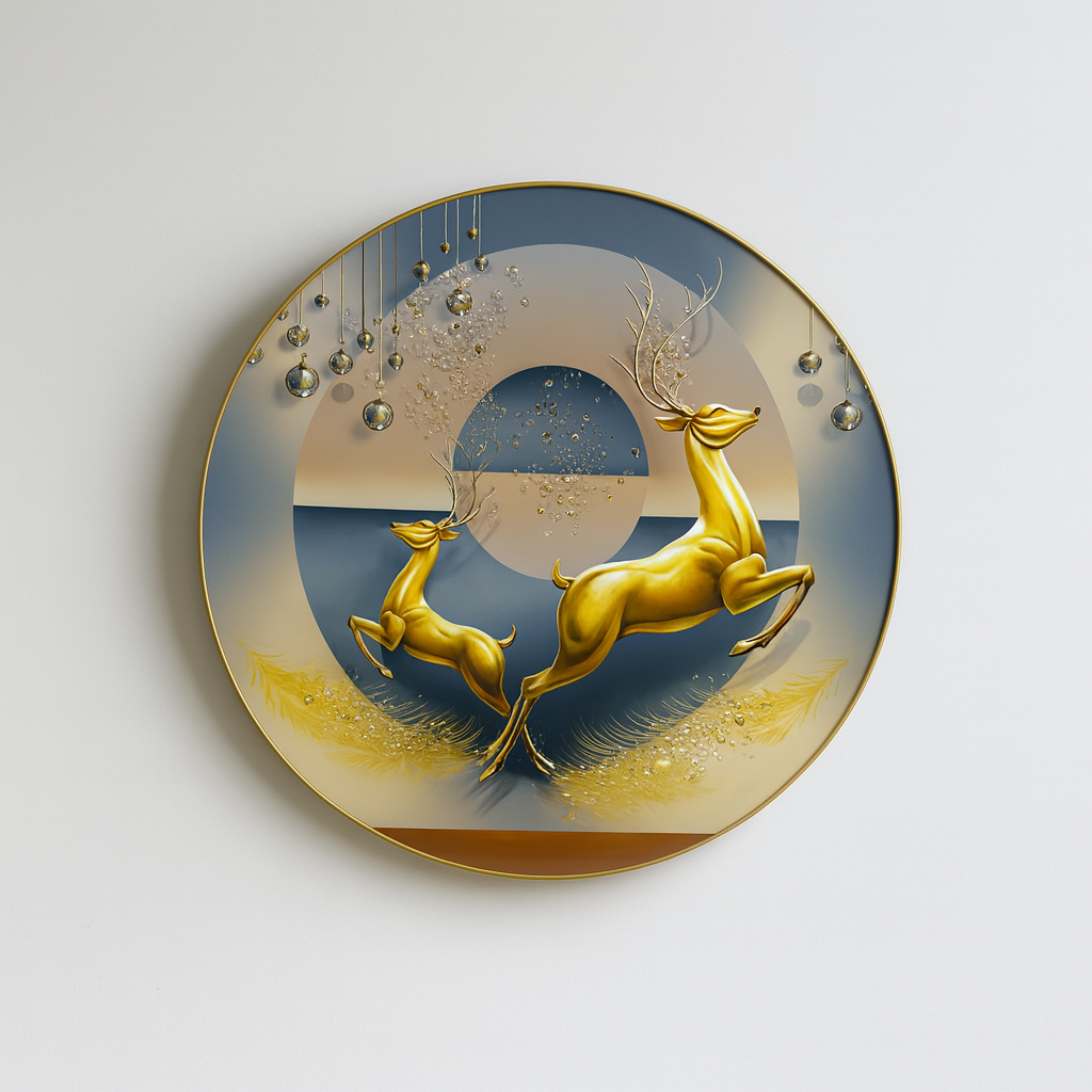 Abstract Geometric Leap with Two Golden Deer Art