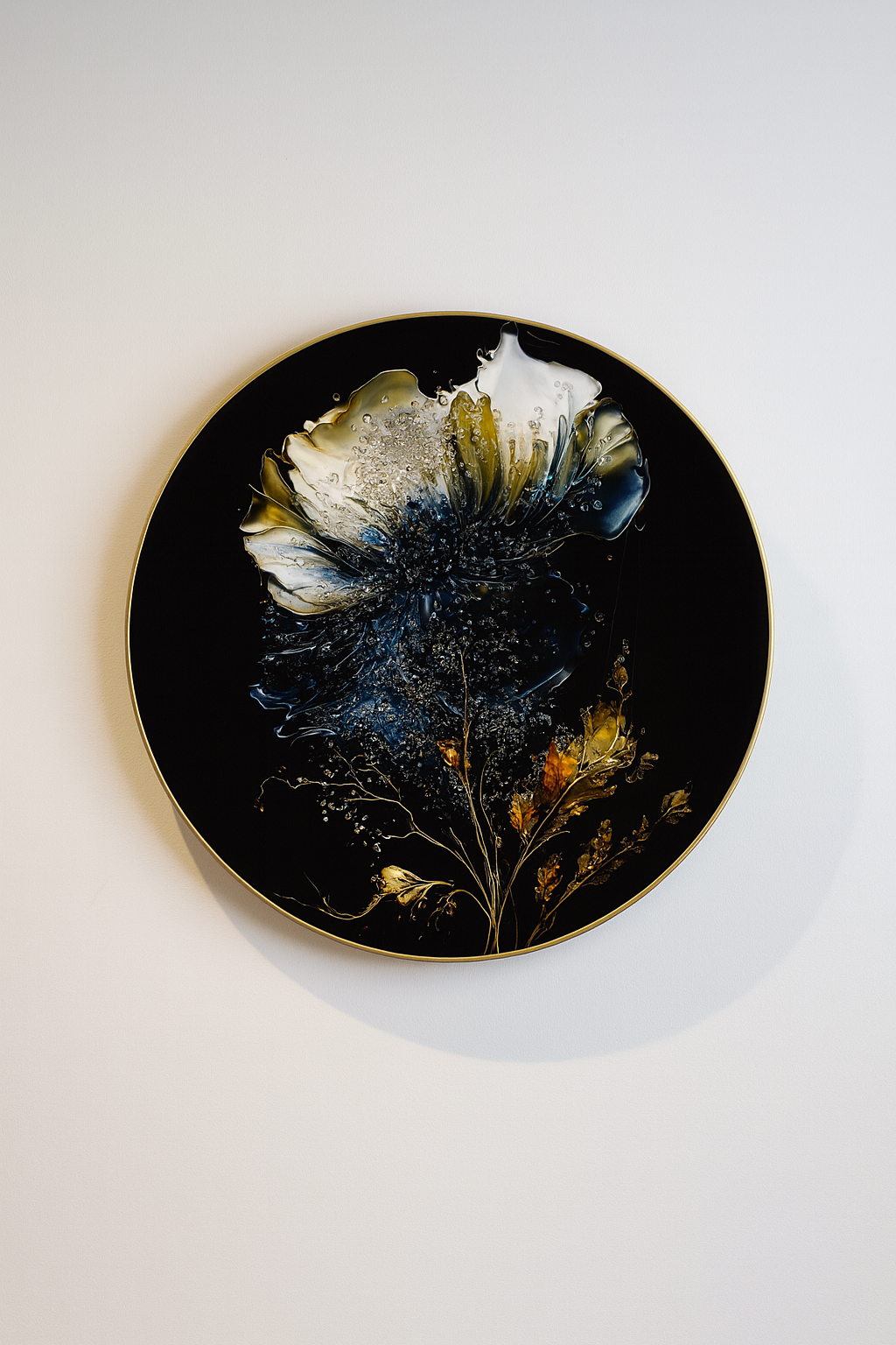 Dramatic Noir Floral Bloom with Gold and Crystal Accents