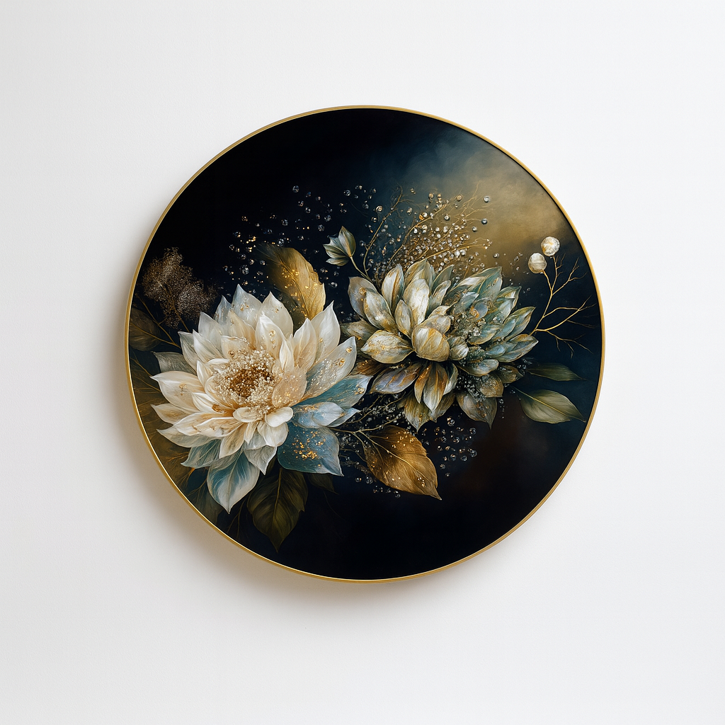 Opulent Golden Bloom Noir Floral Round Wall Art