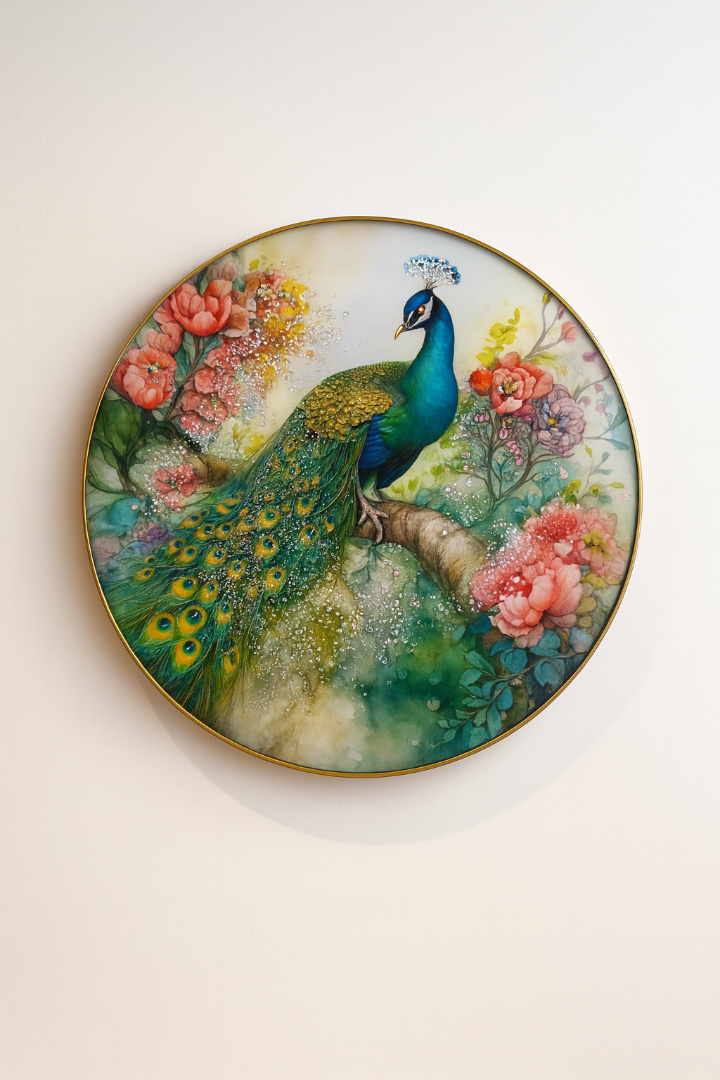 Vibrant Coral Garden Peacock Art with Shimmering Accents