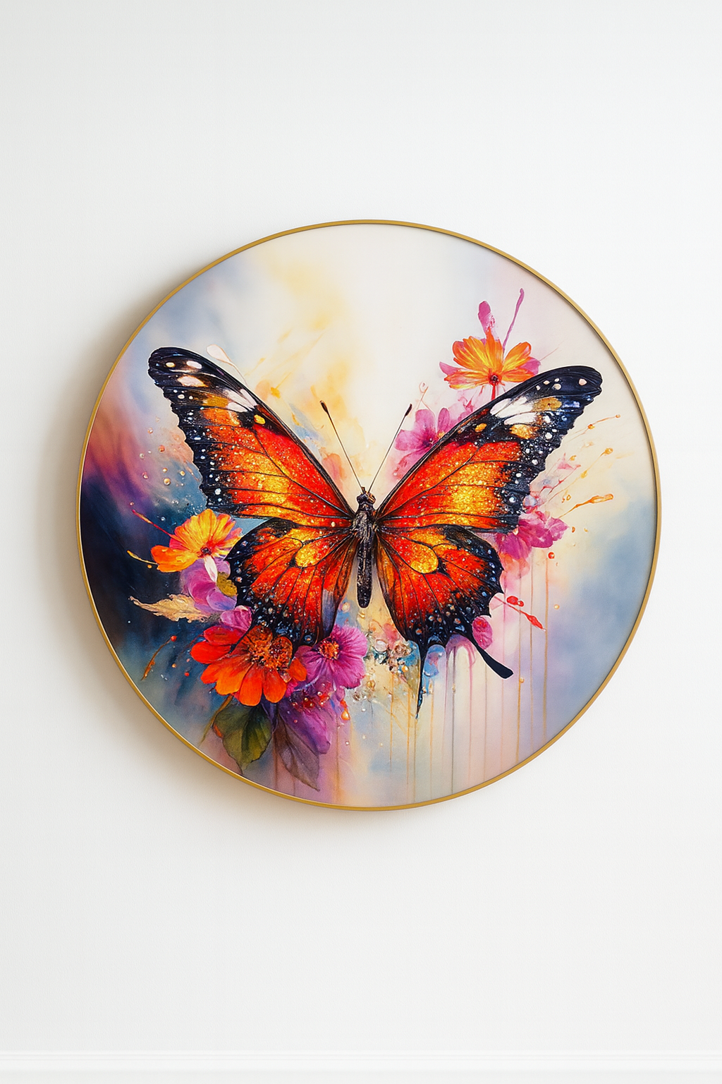 Luminous Amber Butterfly with Crimson Blooms Round Art