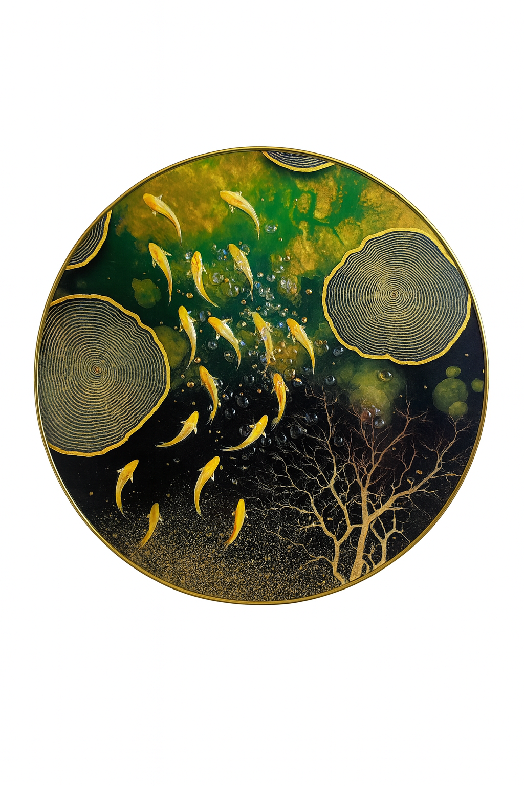 Abstract Golden Fish Swim in Emerald Black Round Art