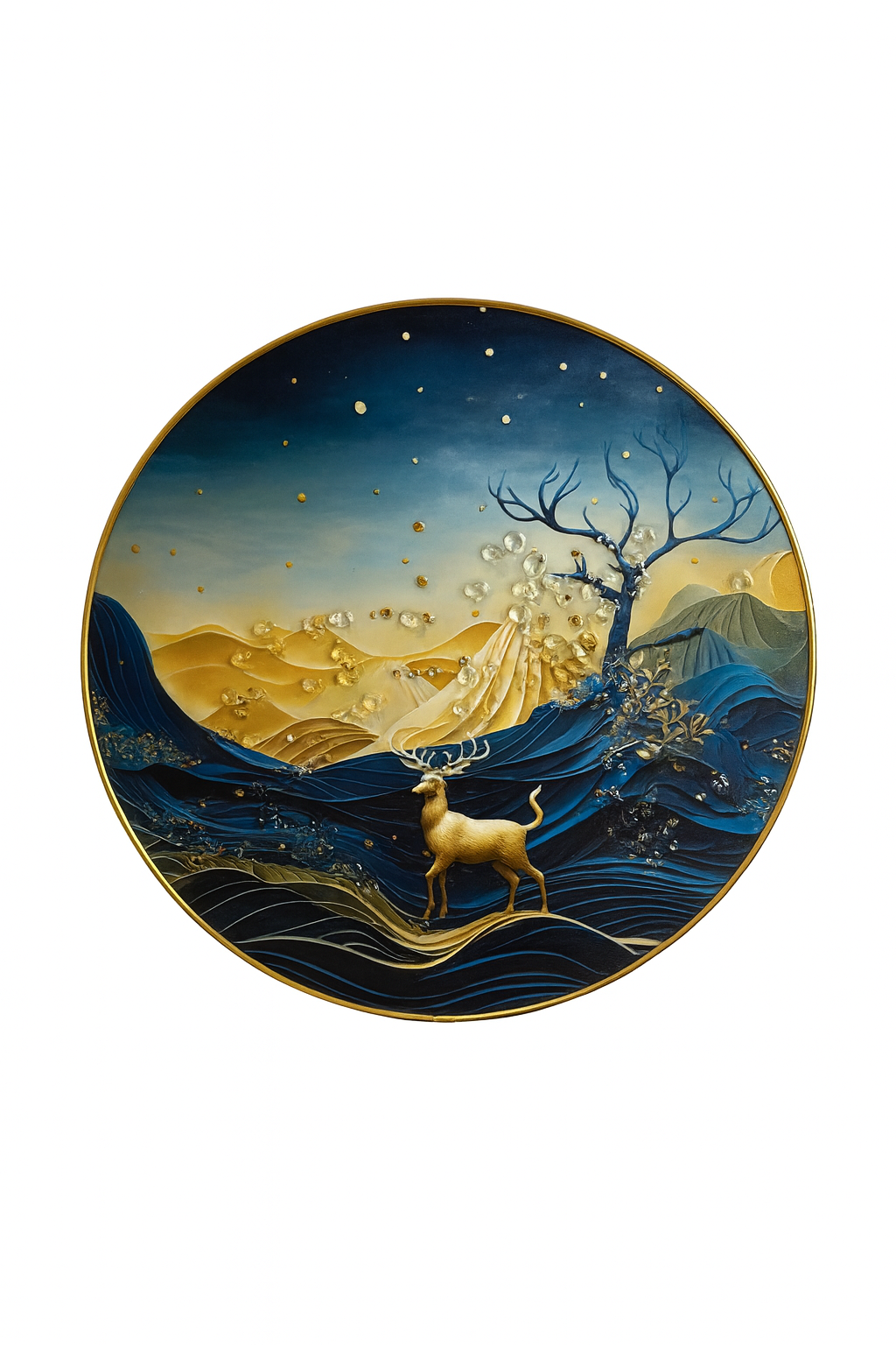 Celestial Golden Deer in Abstract Night Landscape Round Art