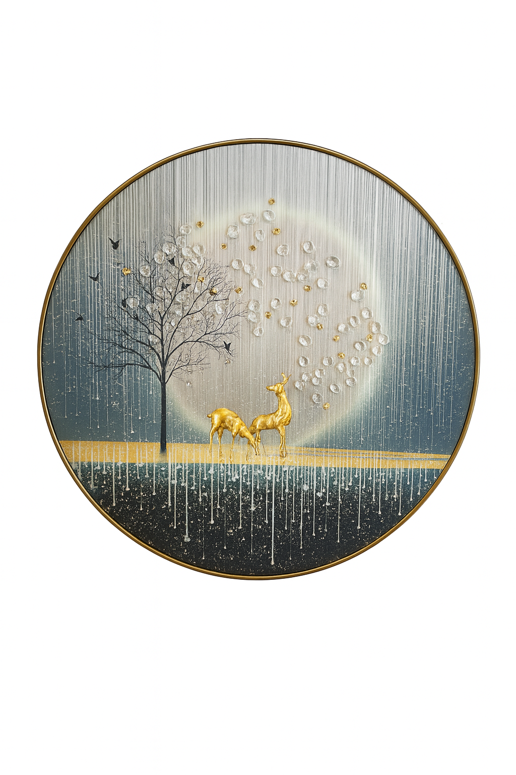 Abstract Moonlight Deer Pair with Crystal Dewdrop Art