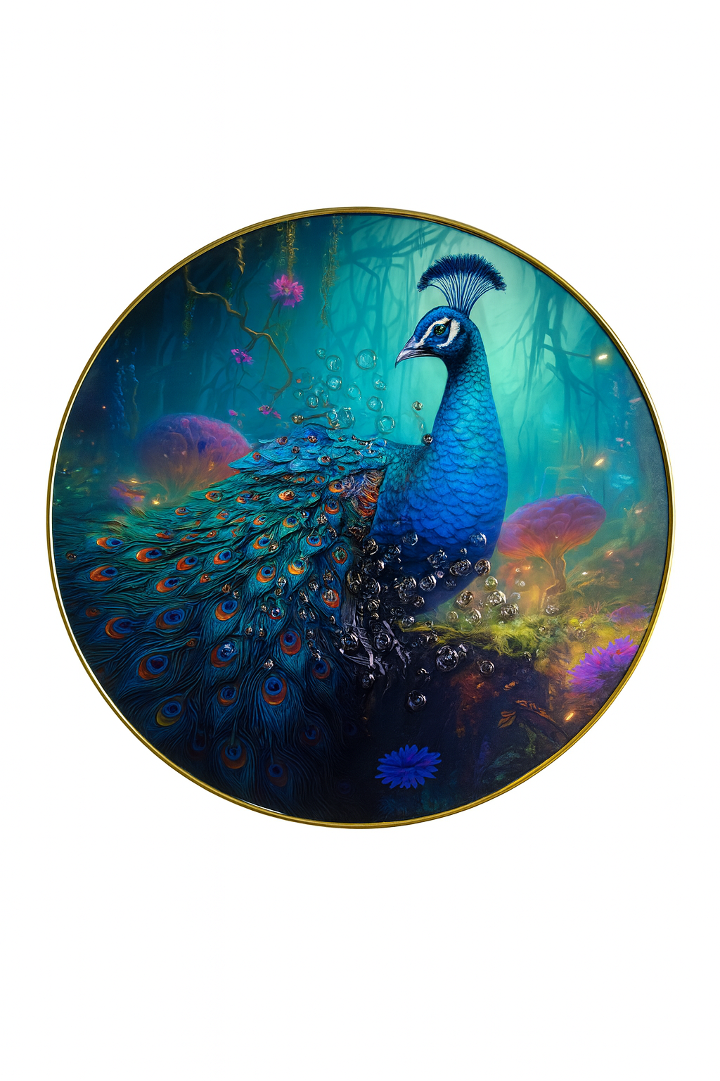 Mystic Blue Peacock in Luminous Teal Forest Round Art
