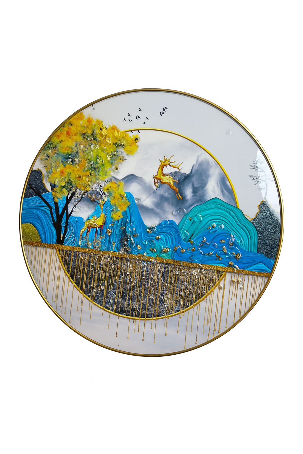 Dynamic Golden Deer and Waterfall Landscape Round Art