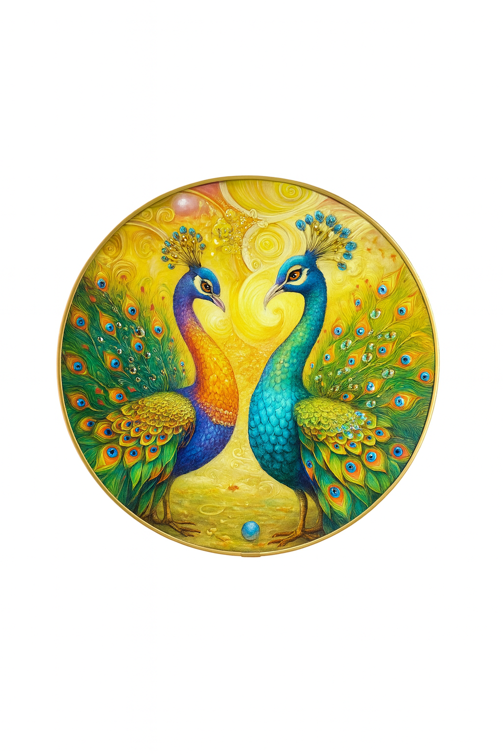 Radiant Dual Peacock Wall Art in Golden Round Frame