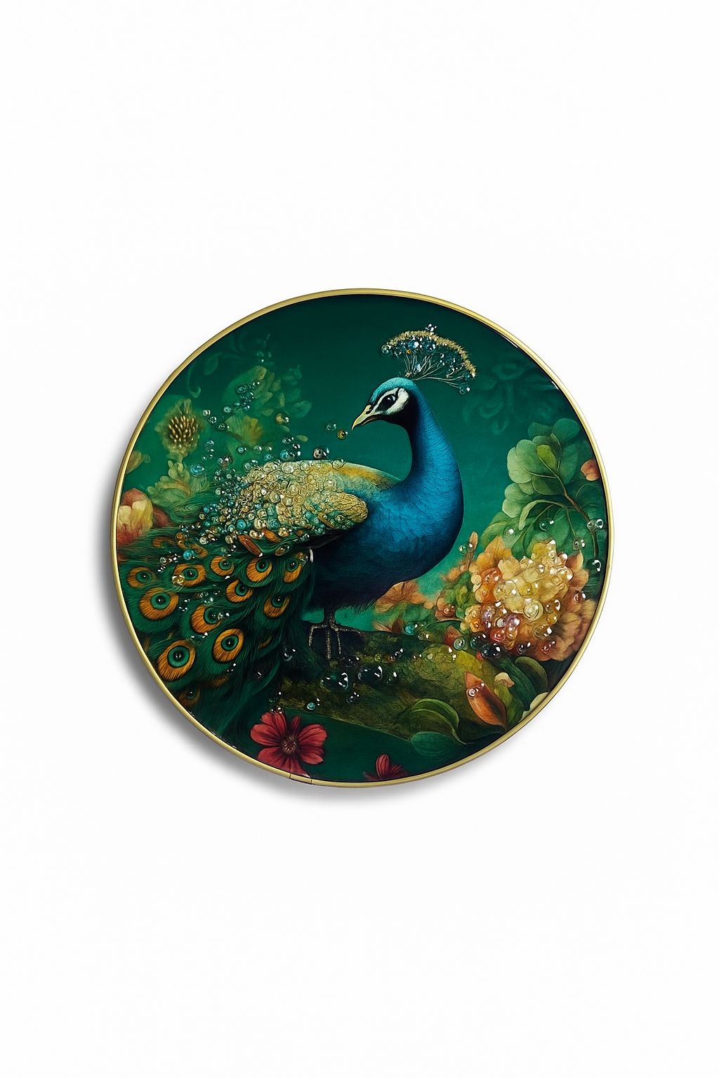 Jewel-Toned Peacock in Emerald Forest Round Wall Art