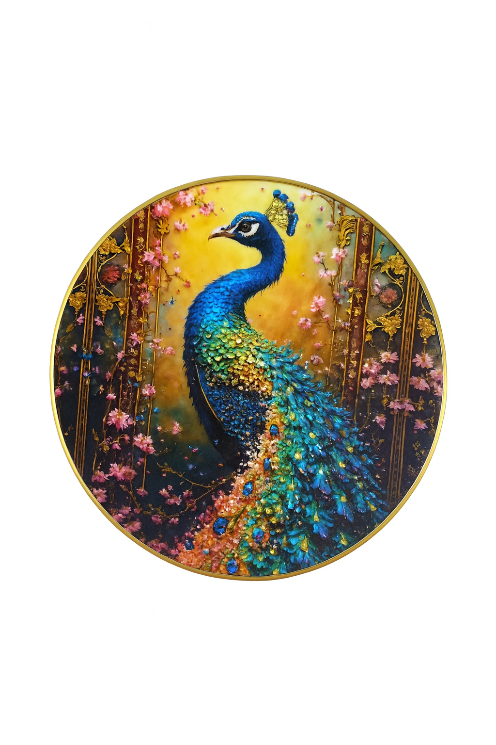Romantic Peacock in Blossom Garden Round Wall Art