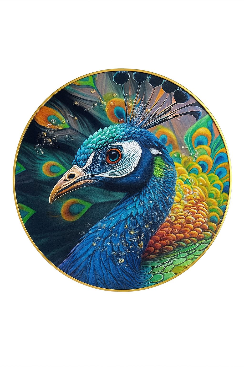 Intense Close-Up Peacock Portrait Round Wall Art
