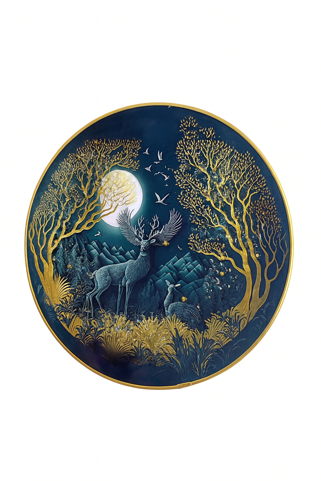 Celestial Deer in Midnight Forest Round Wall Art