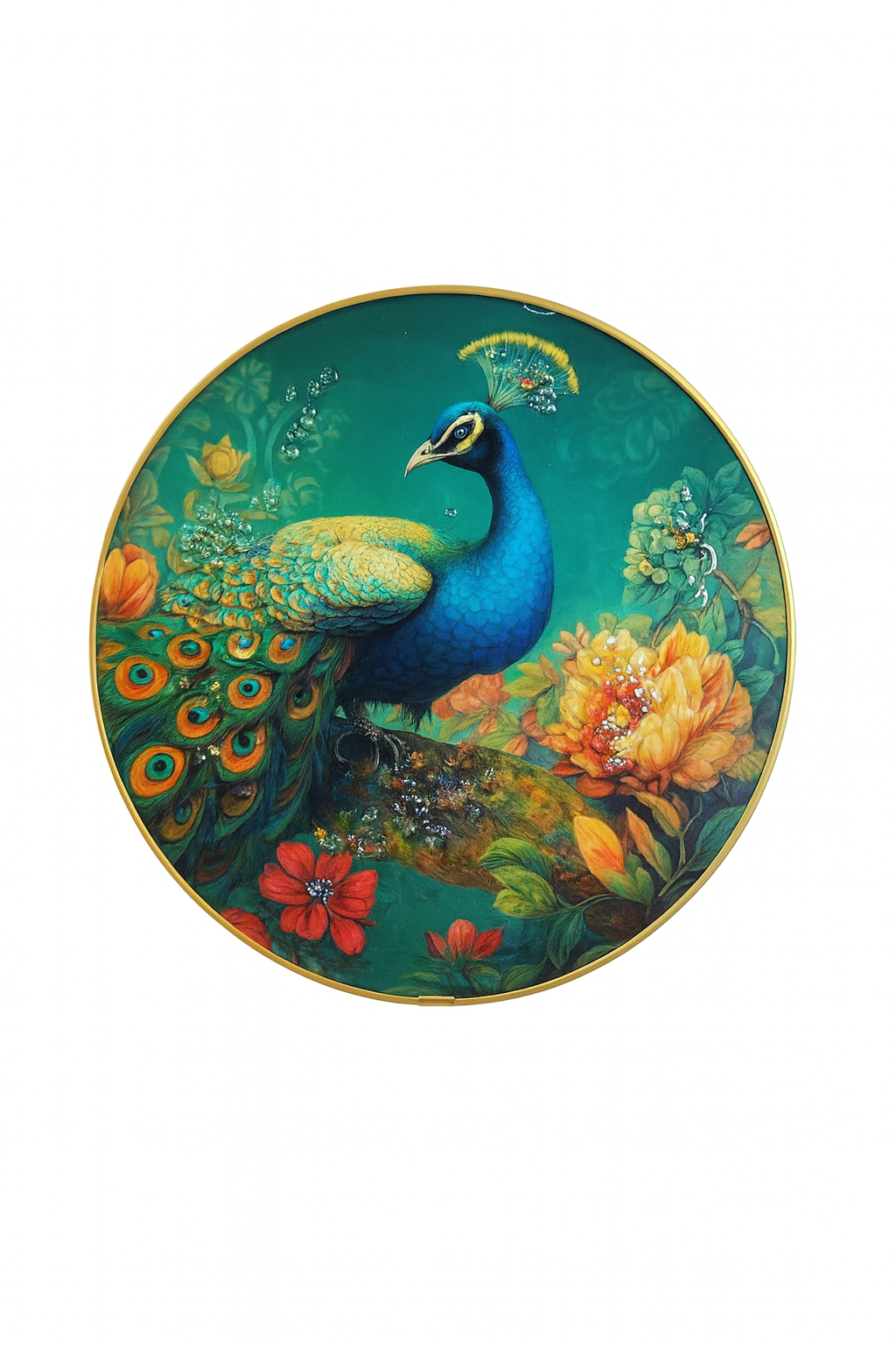 Jewel-Toned Peacock in Teal Oasis Round Wall Art