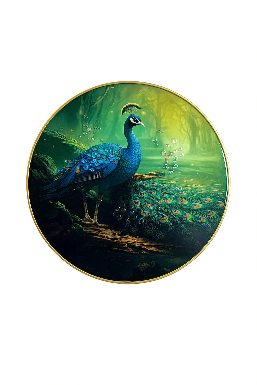 Enchanted Forest Peacock with Shimmering Droplets Round Art