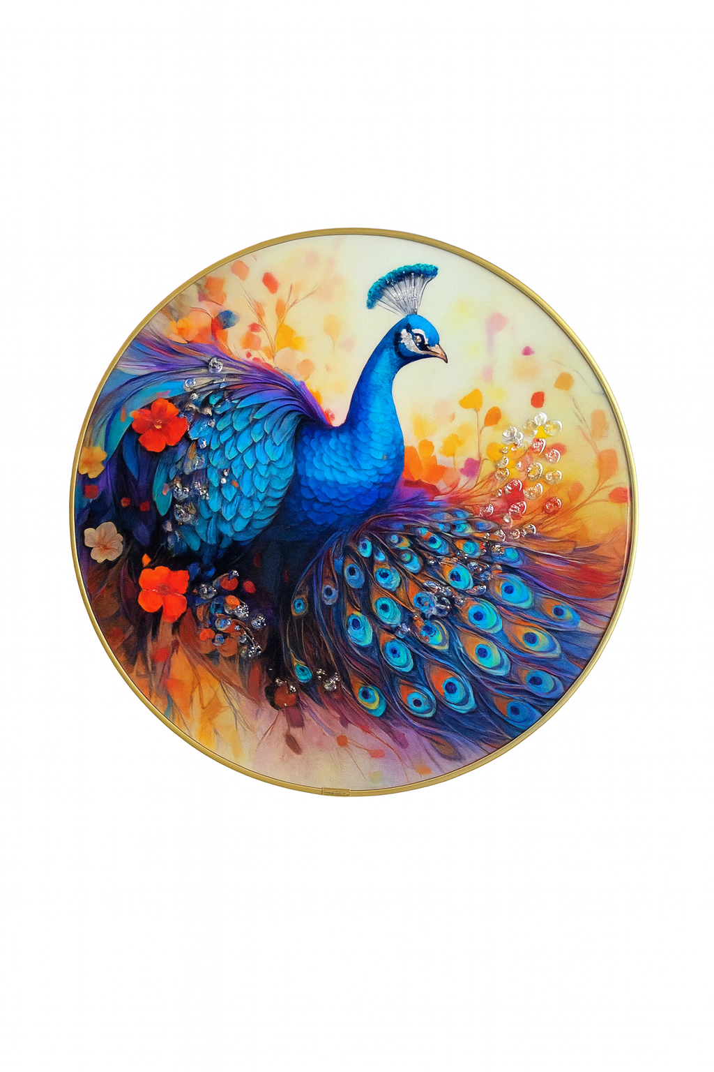 Brilliant Azure Peacock with Spread Feathers and Warm Glow
