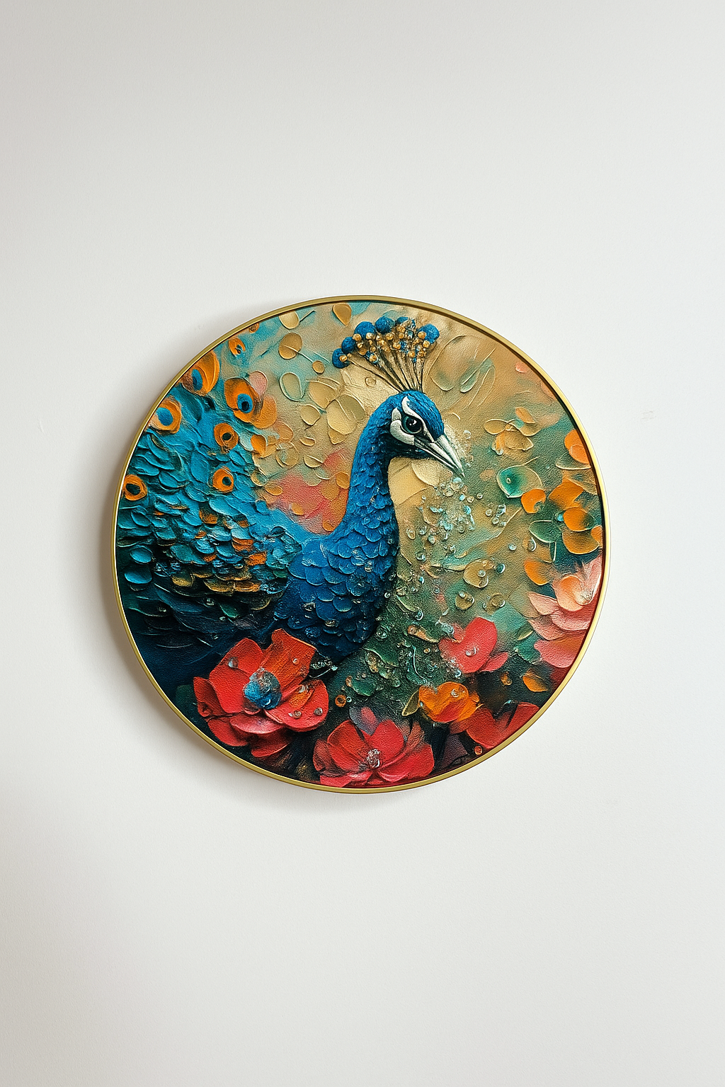 Impasto Blue Peacock and Crimson Floral Round Art