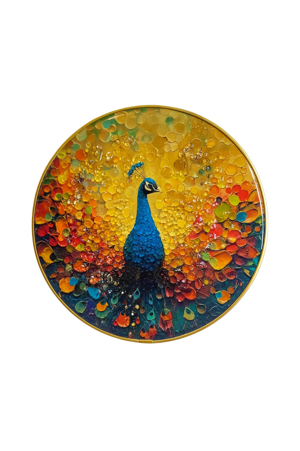 Dazzling Jewelled Peacock in Golden Aura Round Art