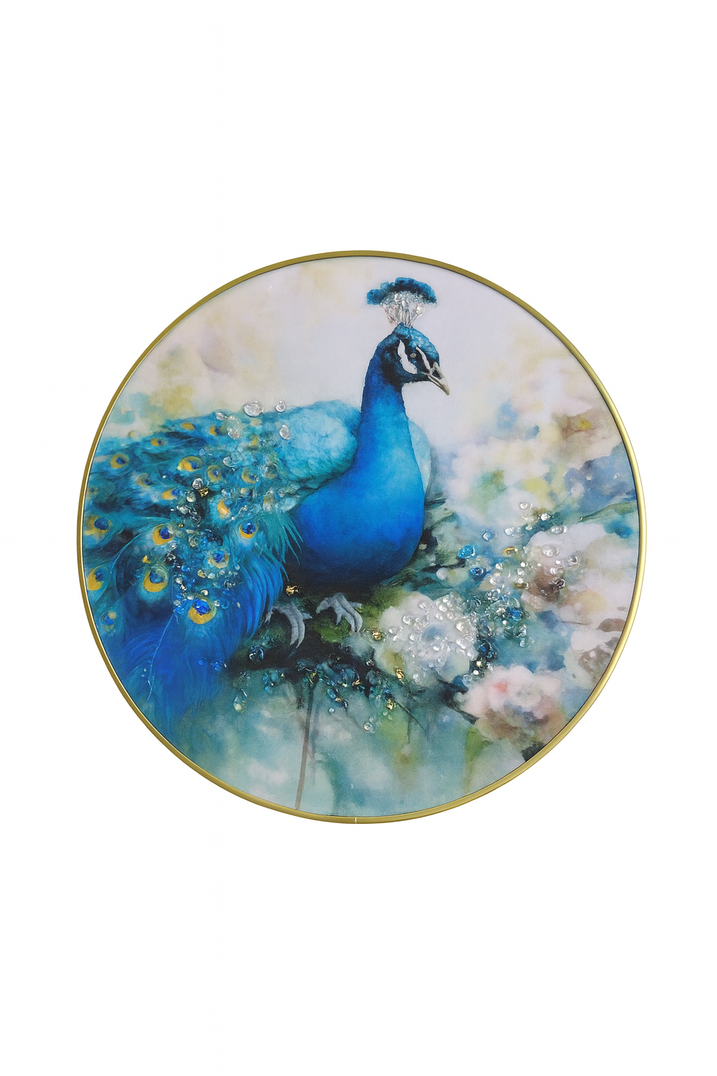 Tranquil Sapphire Peacock with Crystal Bloom Round Art