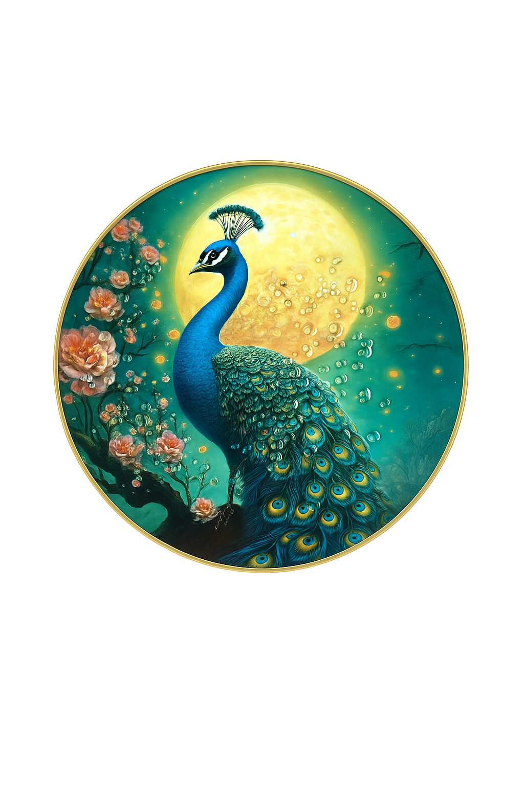 Moonlit Teal Peacock with Golden Orb and Coral Blossoms