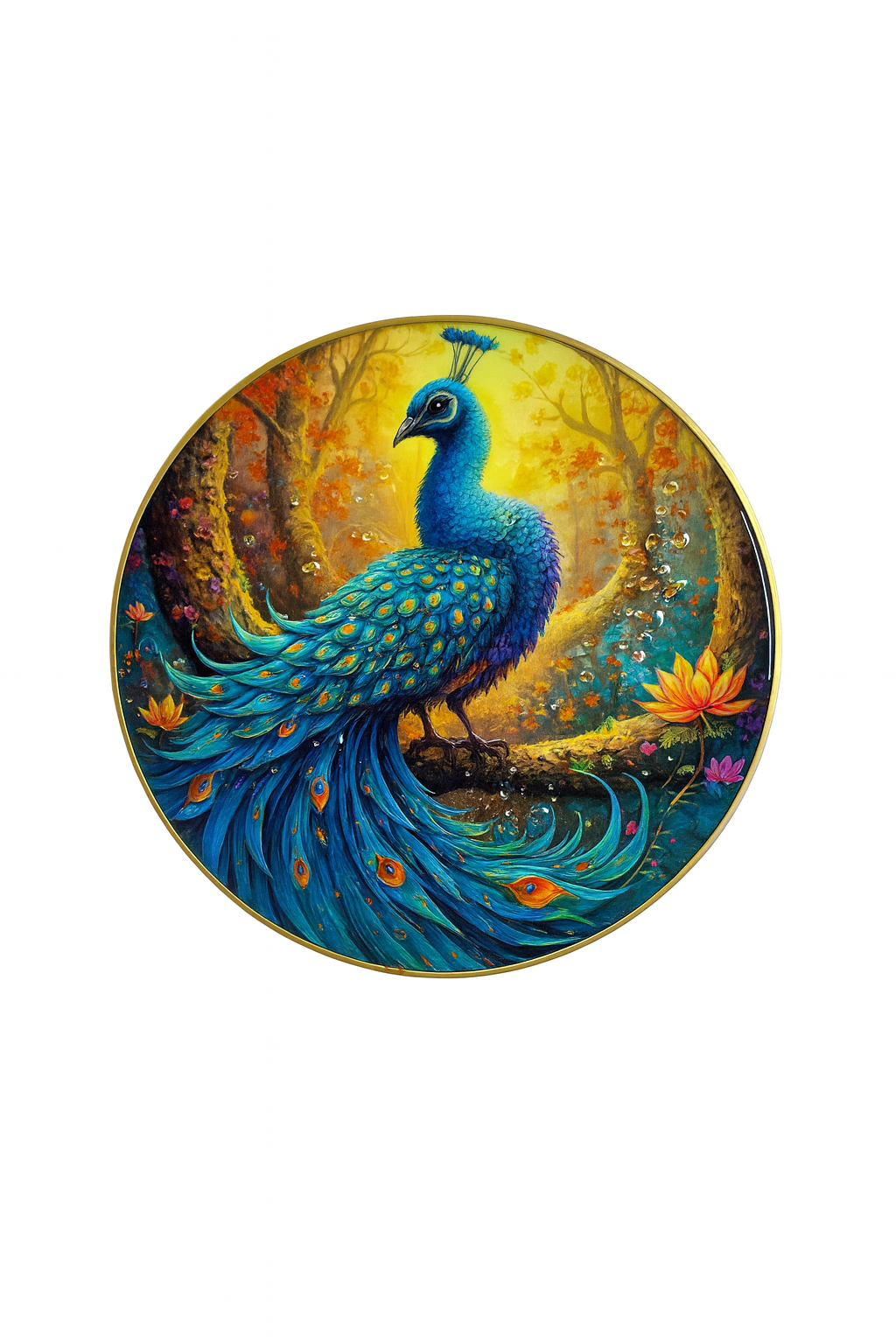 Majestic Peacock in Golden Autumn Forest Round Art