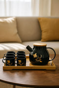 Black & Gold Floral Tea Set with Bamboo Serving Tray