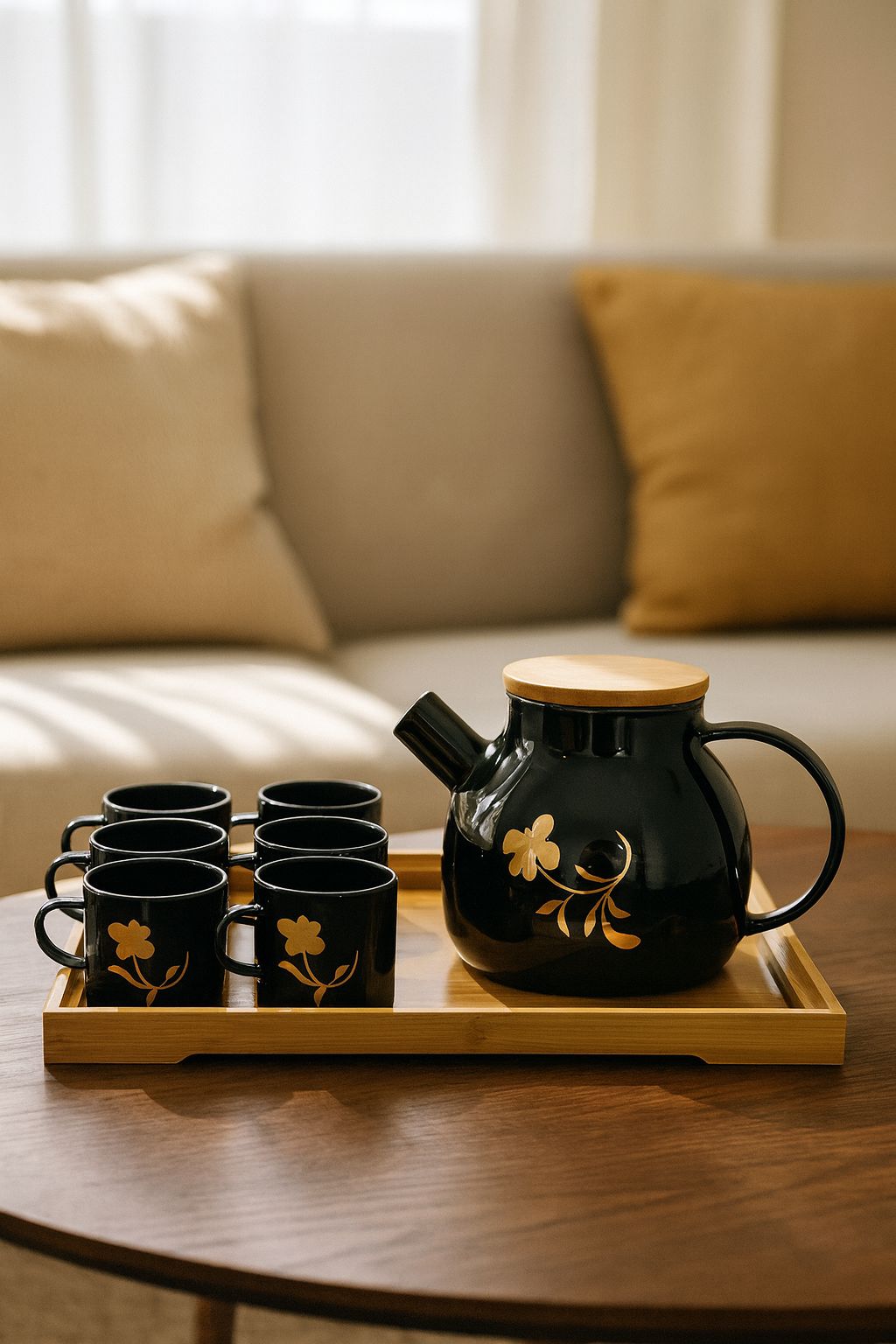 Black & Gold Floral Tea Set with Bamboo Serving Tray