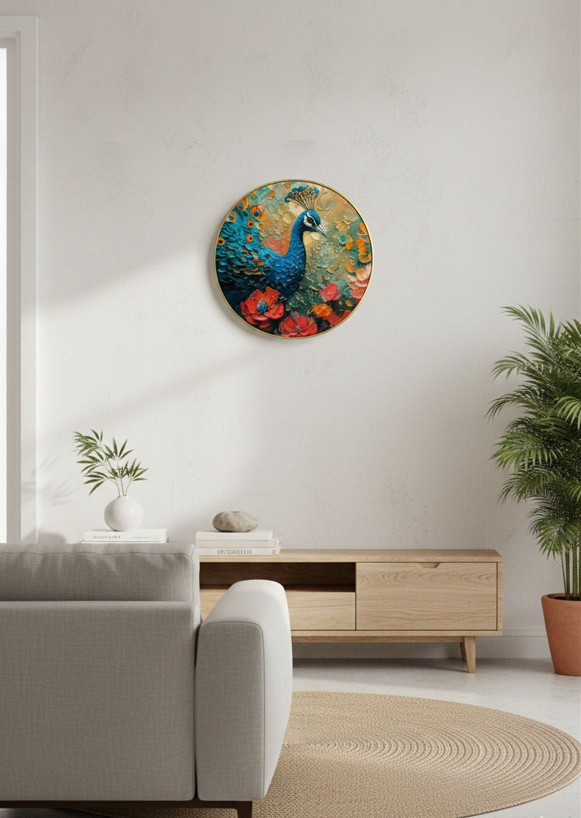 Impasto Blue Peacock and Crimson Floral Round Art