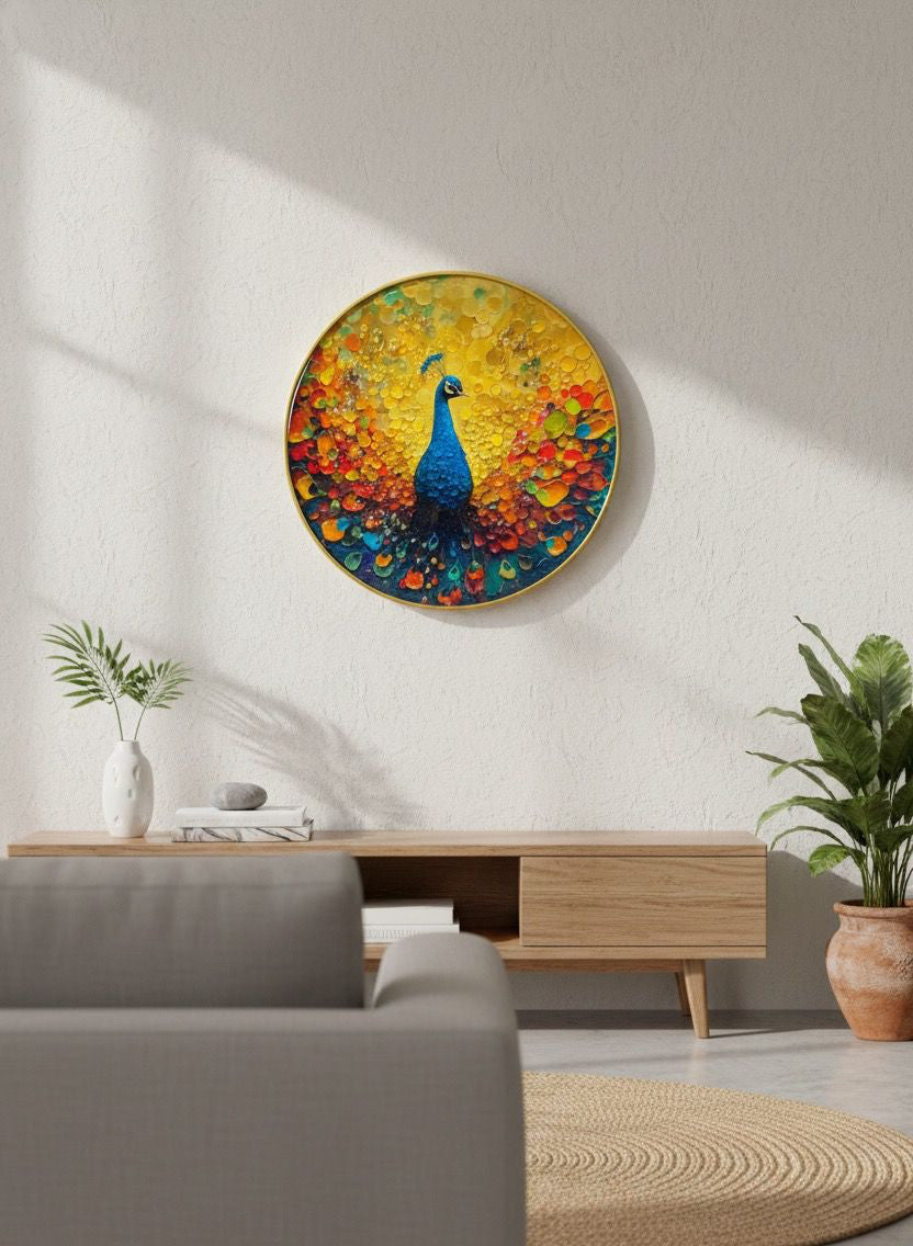 Dazzling Jewelled Peacock in Golden Aura Round Art