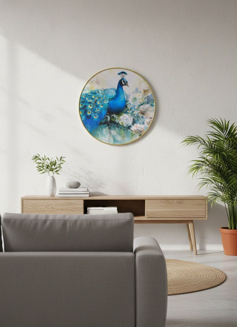 Tranquil Sapphire Peacock with Crystal Bloom Round Art