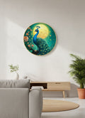 Moonlit Teal Peacock with Golden Orb and Coral Blossoms