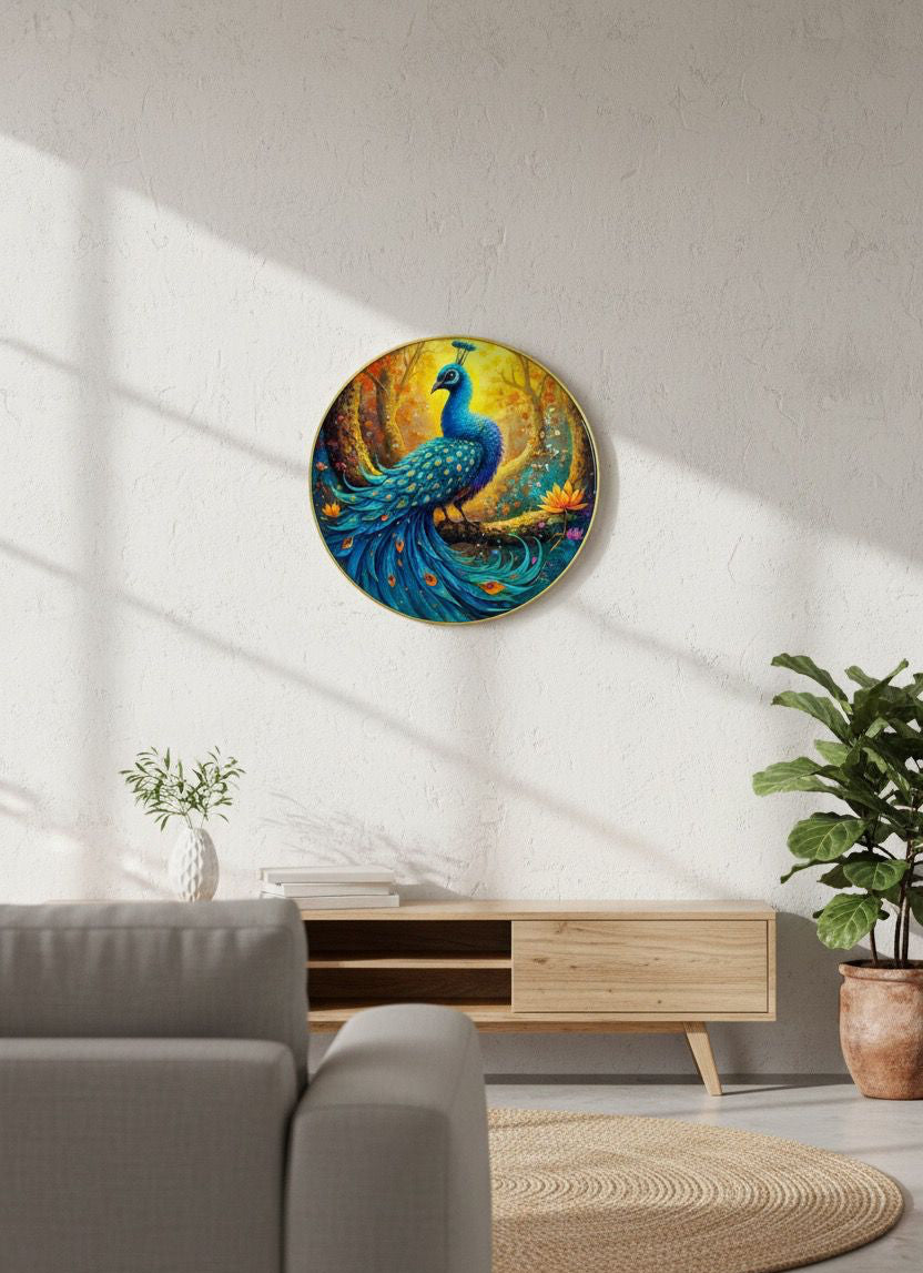 Majestic Peacock in Golden Autumn Forest Round Art