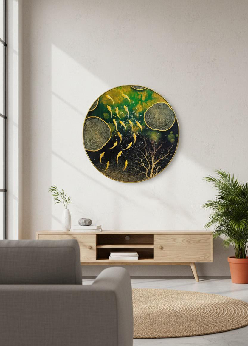 Abstract Golden Fish Swim in Emerald Black Round Art