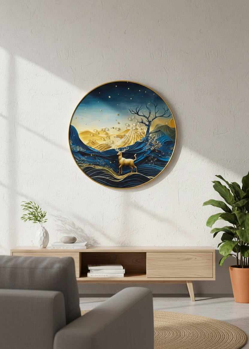 Celestial Golden Deer in Abstract Night Landscape Round Art