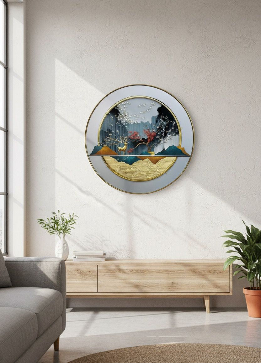 Abstract Landscape with Golden Deer and Crystal Rain