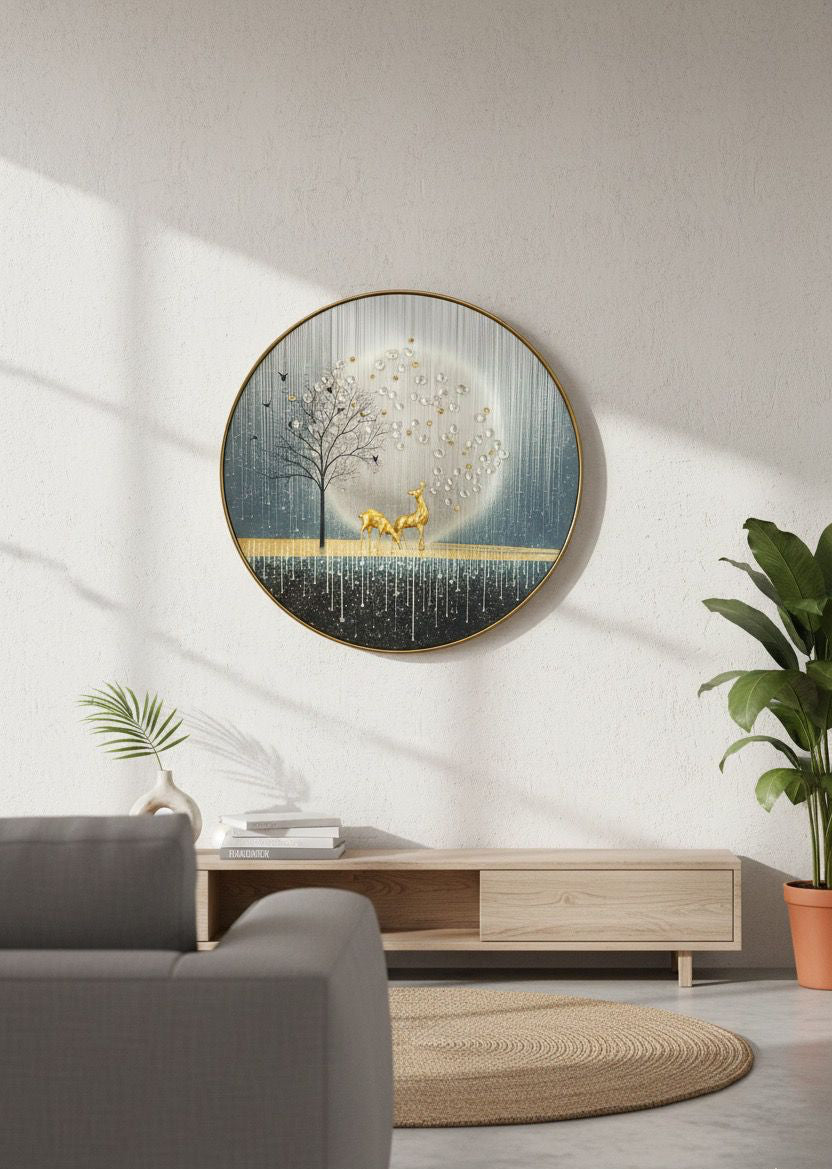 Abstract Moonlight Deer Pair with Crystal Dewdrop Art