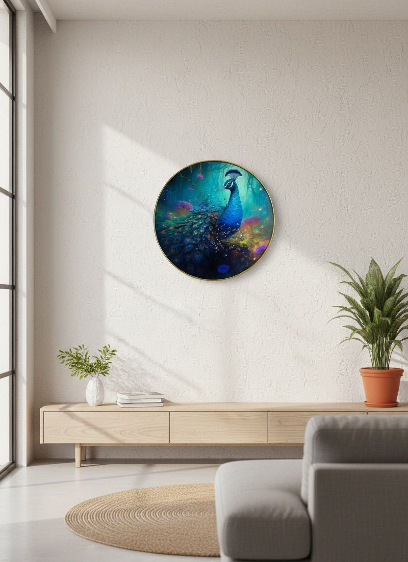 Mystic Blue Peacock in Luminous Teal Forest Round Art