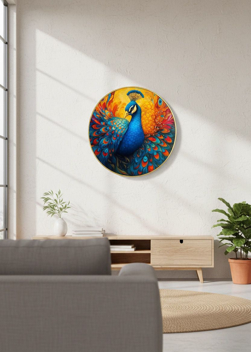 Abstract Fire and Ice Peacock Burst Round Wall Art