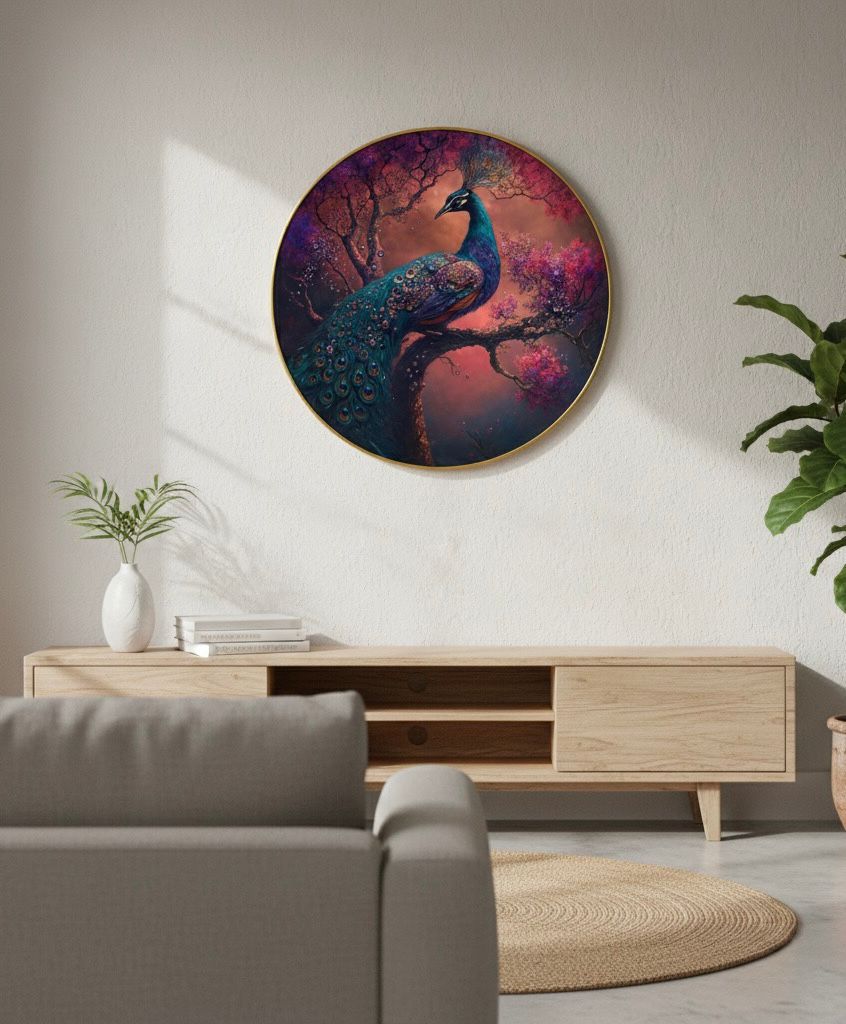 Ethereal Peacock in Amethyst Blossom Tree Round Art