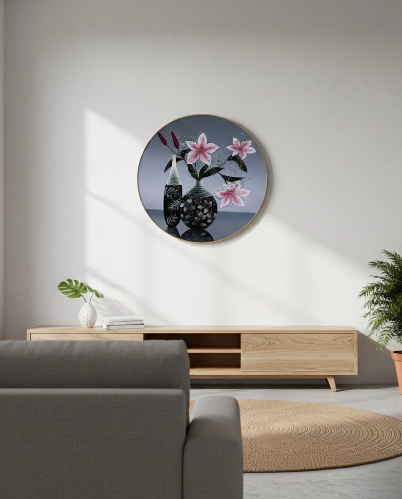 Contemporary Pink Lily Floral Still Life Round Art