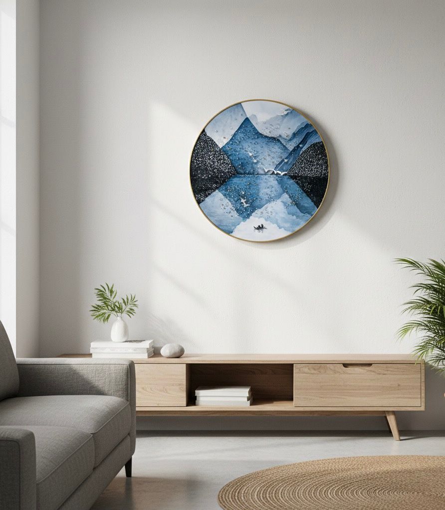 Abstract Indigo Mountain Reflection Round Wall Art