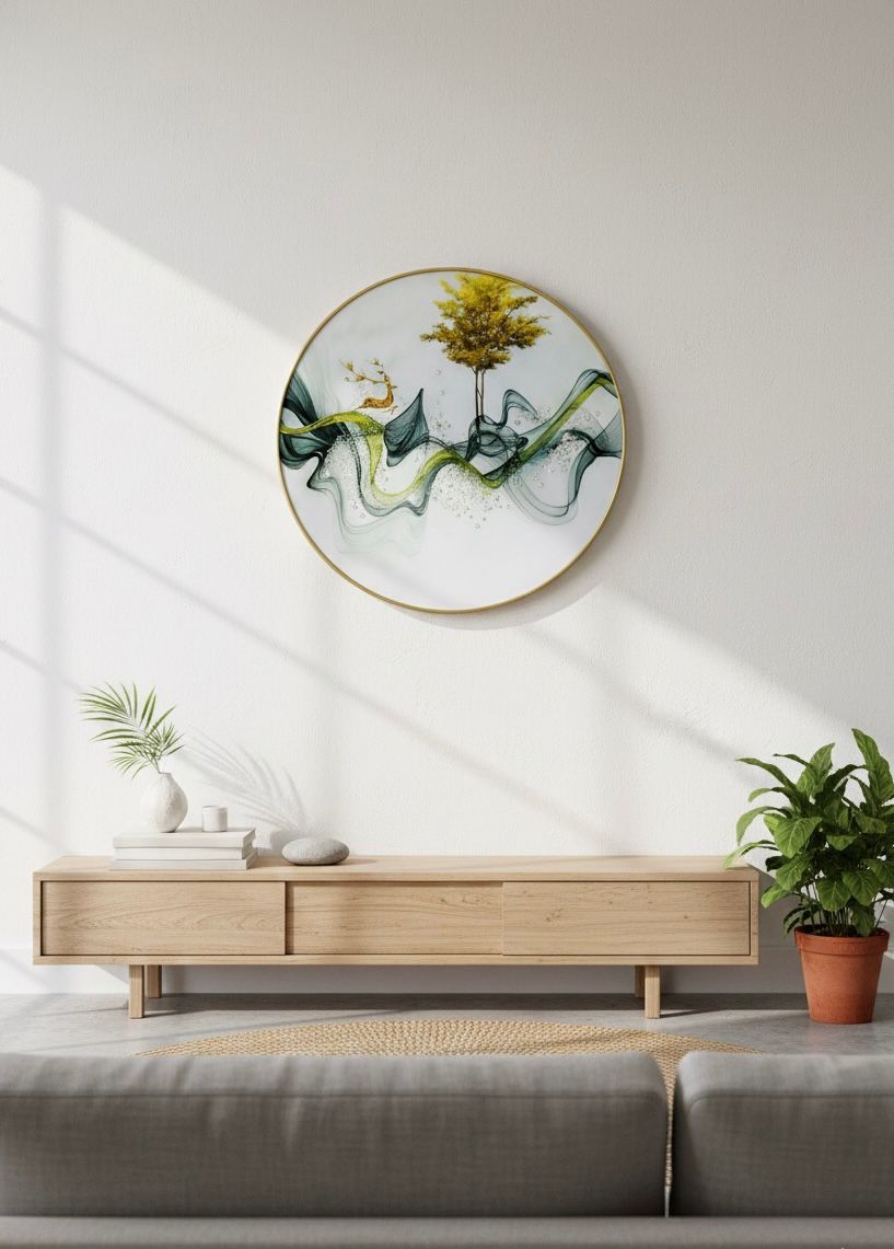 Minimalist Flowing Line Art with Golden Tree and Deer