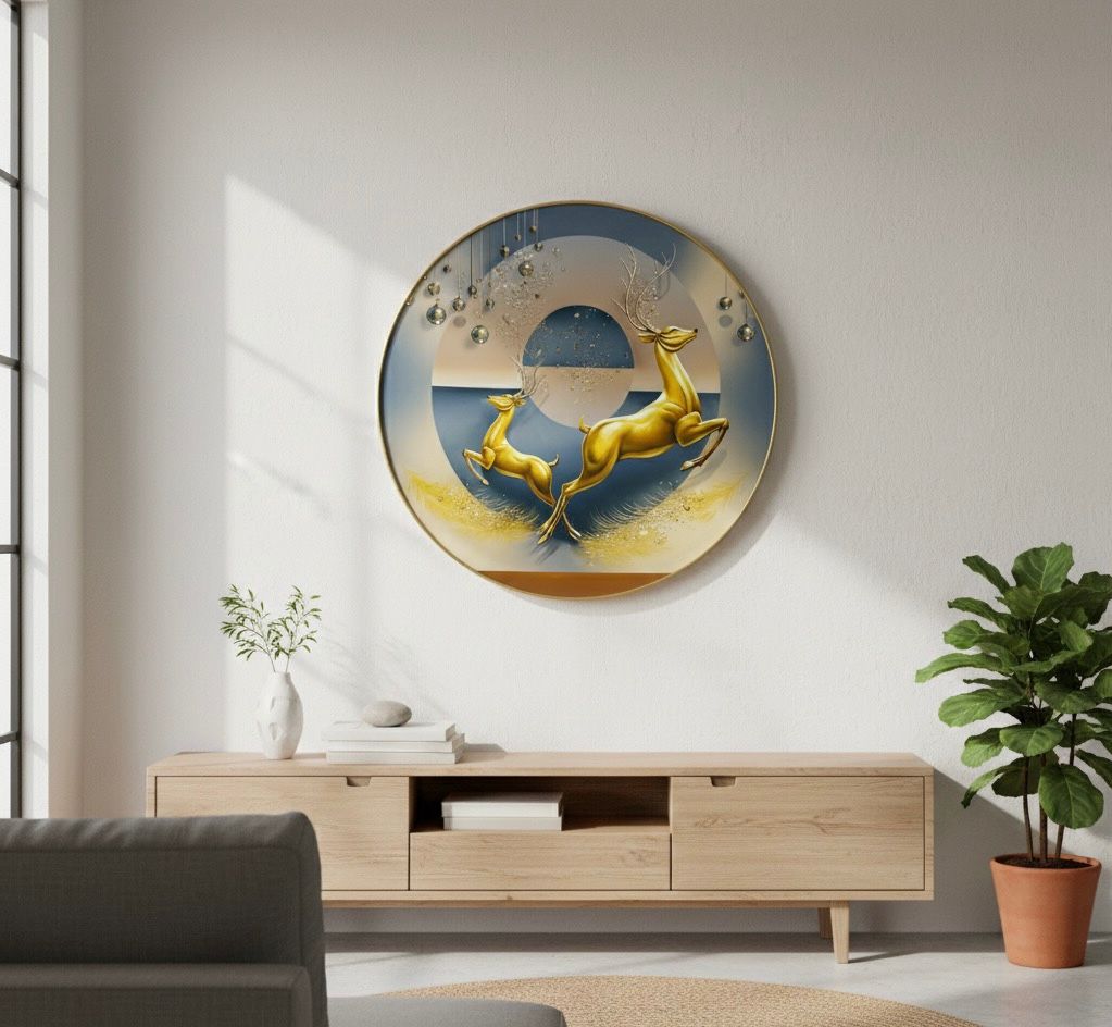 Abstract Geometric Leap with Two Golden Deer Art