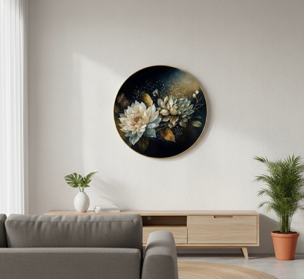Opulent Golden Bloom Noir Floral Round Wall Art