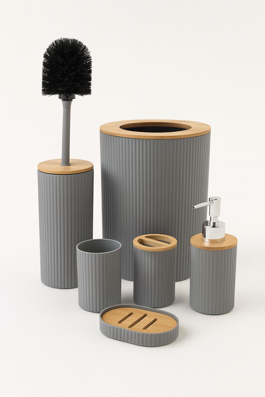 Minimalist Ribbed Grey Bathware Set with Bamboo Accents