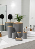Minimalist Ribbed Grey Bathware Set with Bamboo Accents