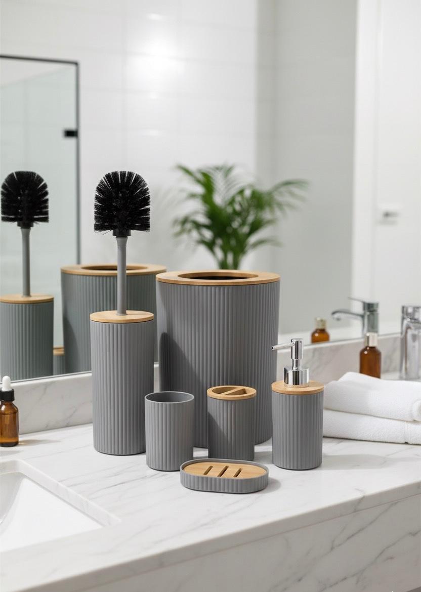 Minimalist Ribbed Grey Bathware Set with Bamboo Accents
