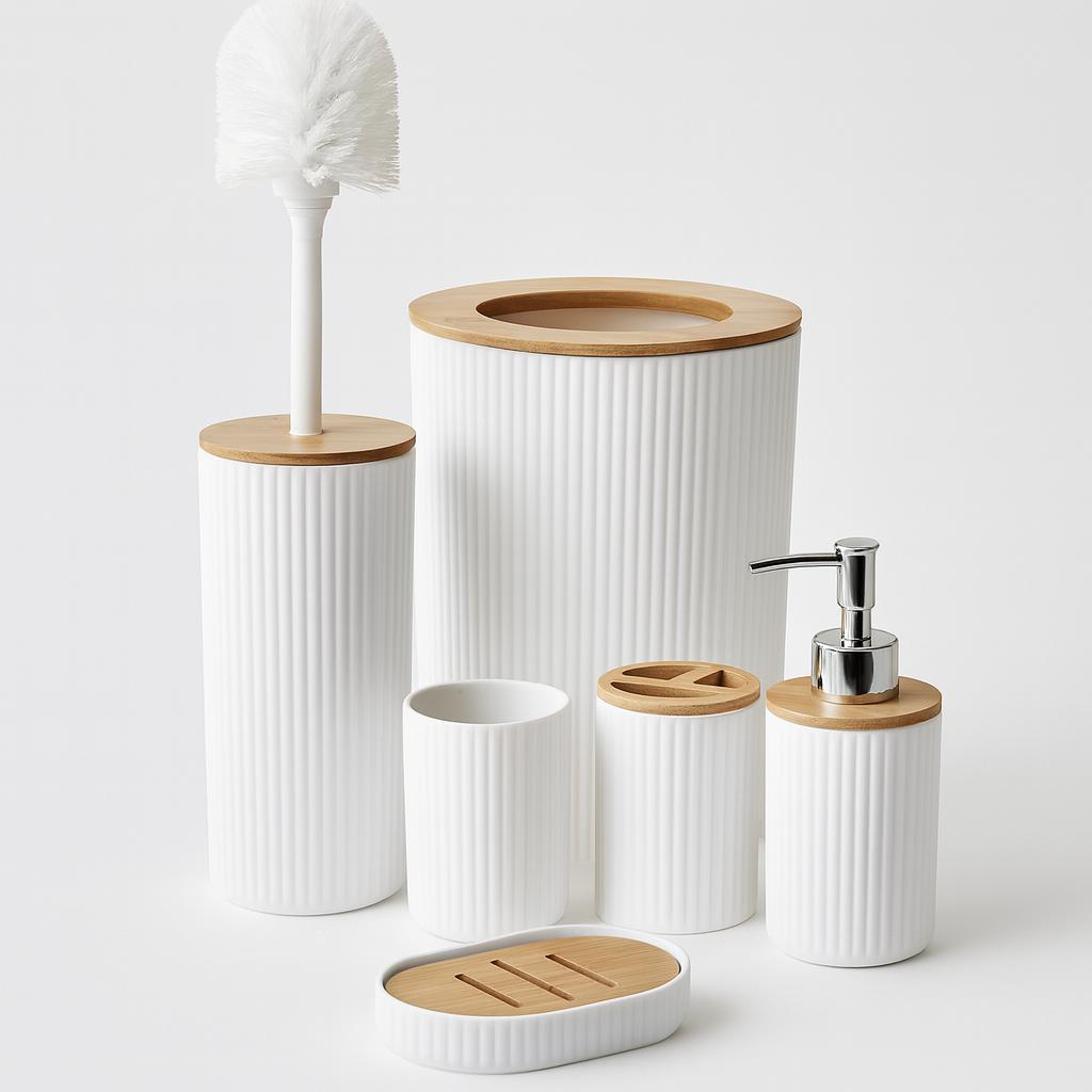 Elegant Ribbed White Bathware Set with Natural Bamboo (6 Piece Set)