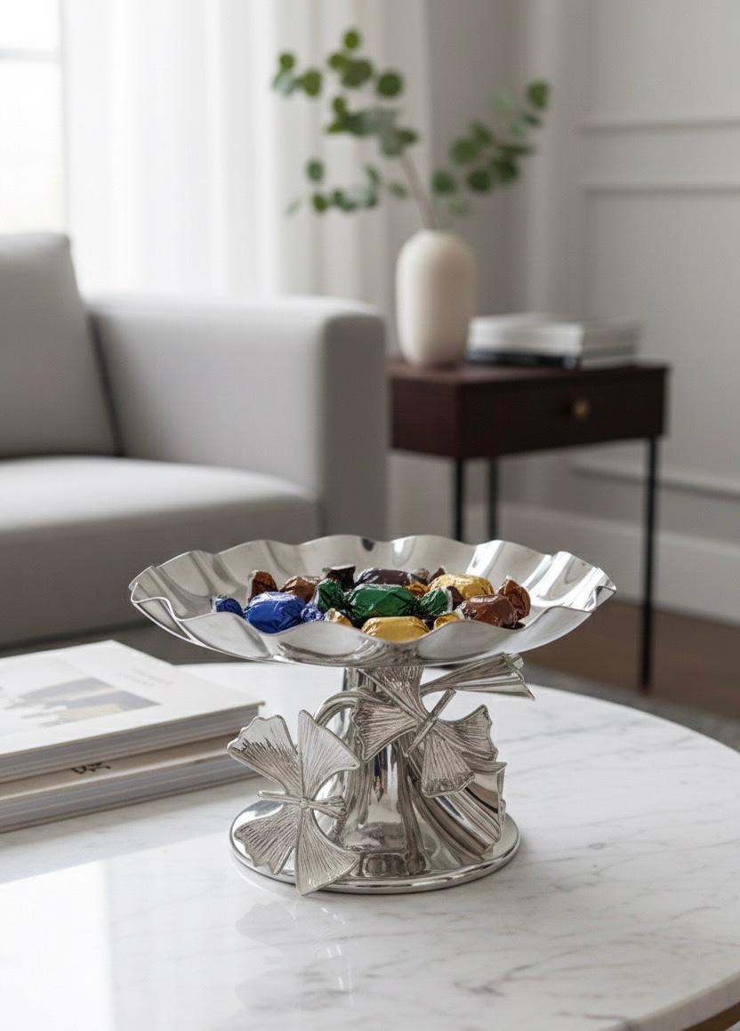 Elegant Silver Ginkgo Leaf Pedestal Bowl / Cake Stand