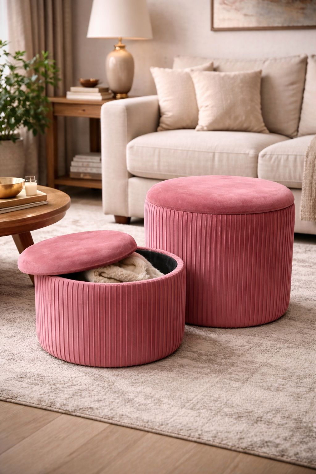 Blush Velvet Ribbed Storage Ottoman Combo (Set of 2)