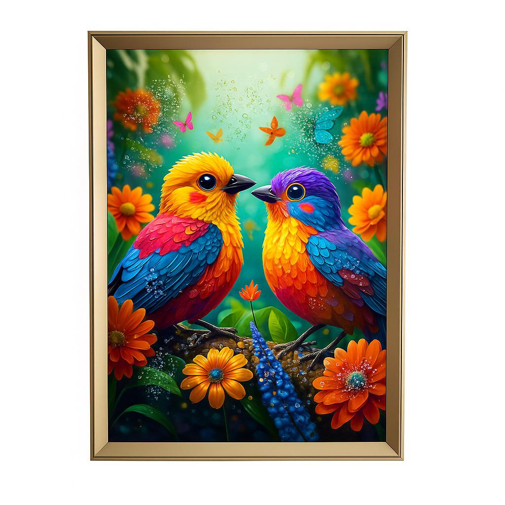 Enchanted Aviary: Vibrant Lovebirds Crystal-Embellished Wall Frame